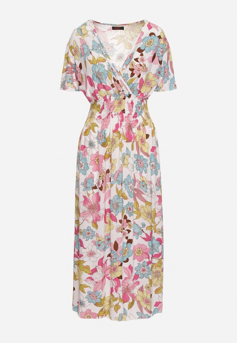 j&x Rochie Alb-Roz cu flori cu decolteu petrecut și elastic în talie Lomanda