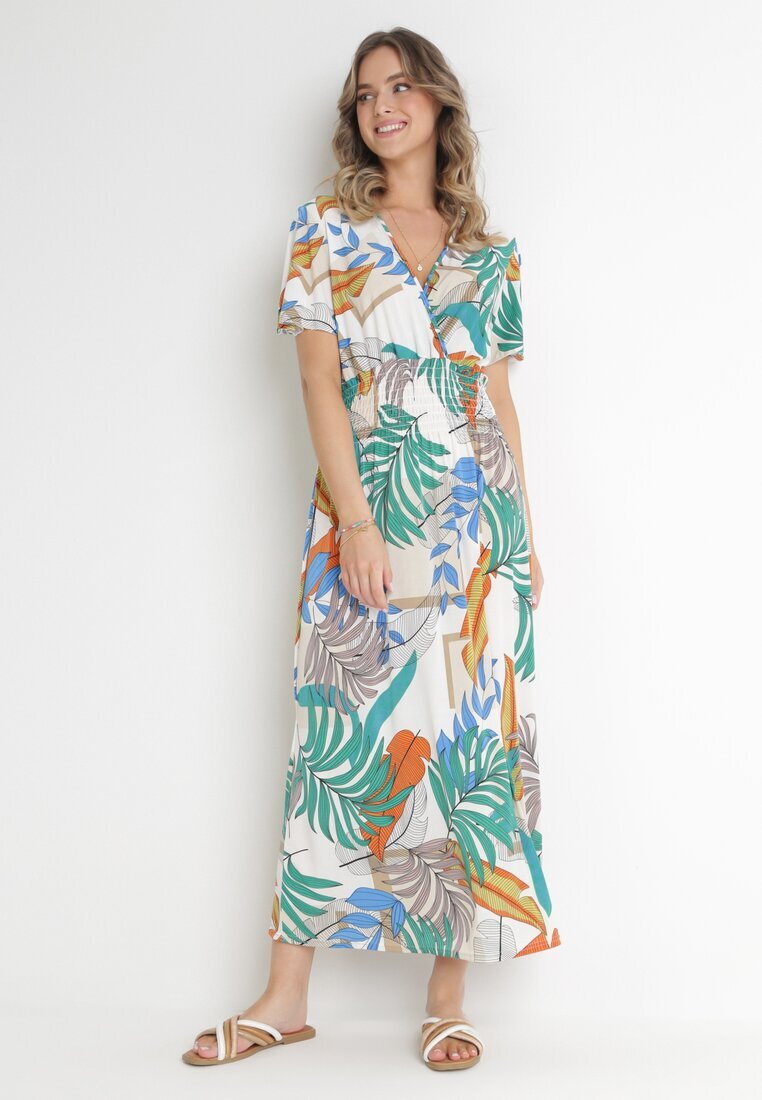 j&x Rochie Alb-Verde cu Decolteu petrecut și Talie elastică Kensy