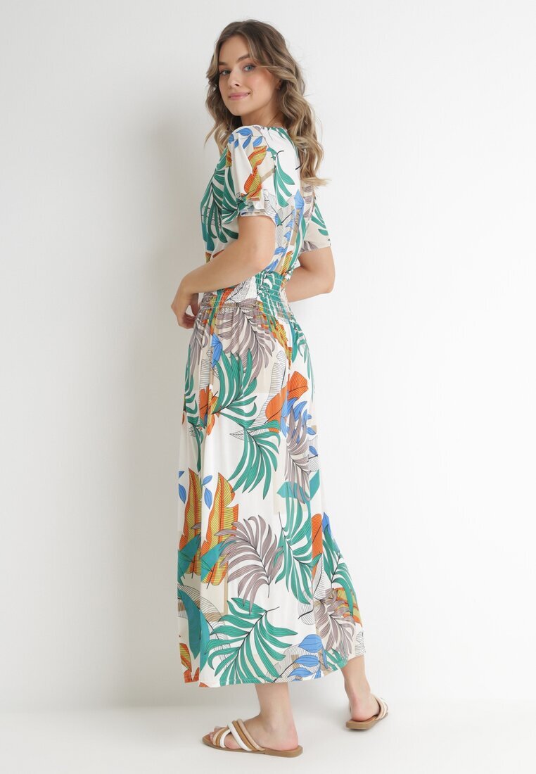 j&x Rochie Alb-Verde cu Decolteu petrecut și Talie elastică Kensy