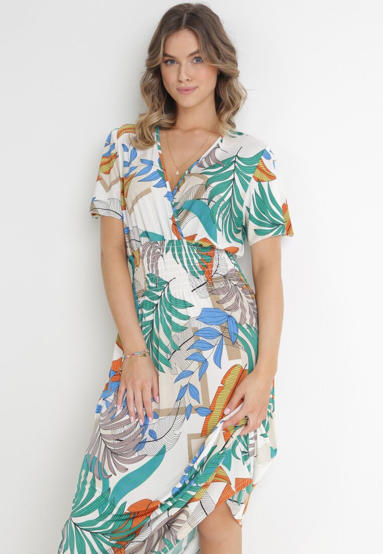 j&x Rochie Alb-Verde cu Decolteu petrecut și Talie elastică Kensy