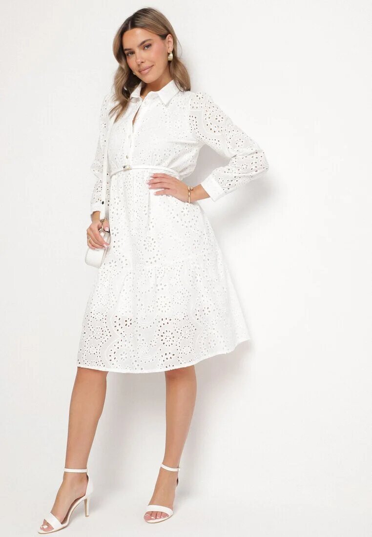 j&x Rochie Albă Ajourată din Bumbac cu croială tip cămașă Ridivania