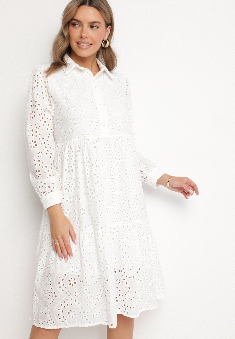 j&x Rochie Albă Ajourată din Bumbac cu croială tip cămașă Ridivania