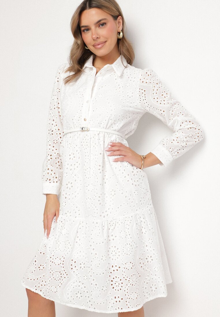 j&x Rochie Albă Ajourată din Bumbac cu croială tip cămașă Ridivania