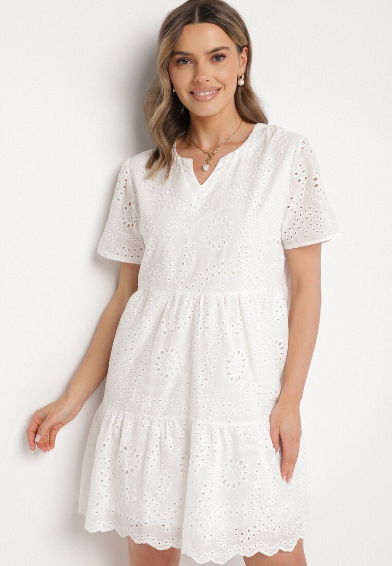 j&x Rochie Albă Brodată Din Bumbac cu Model Ajurat Lumoreline
