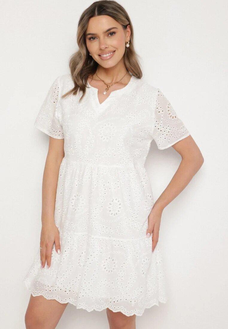 j&x Rochie Albă Brodată Din Bumbac cu Model Ajurat Lumoreline