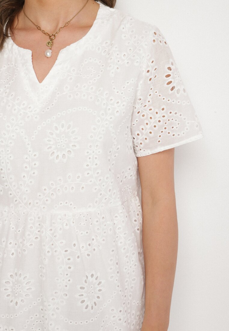 j&x Rochie Albă Brodată Din Bumbac cu Model Ajurat Lumoreline