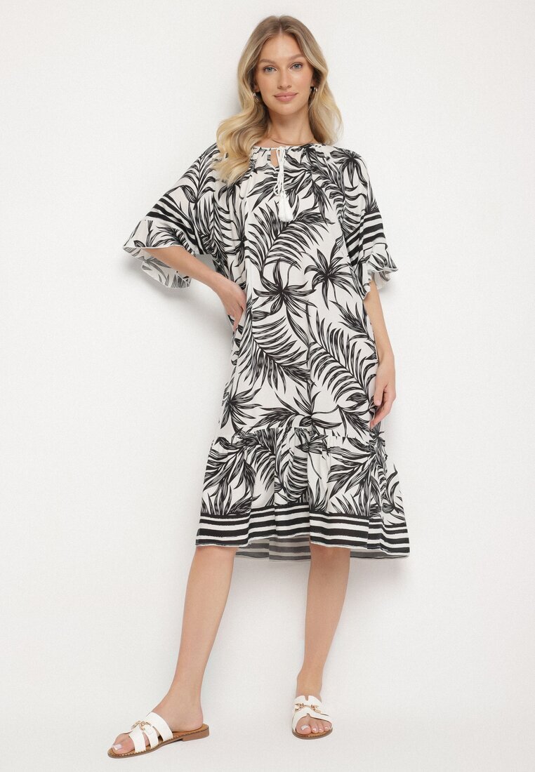 j&x Rochie Albă cu croială tip cutie cu legătură la decolteu cu model floral Mirionela