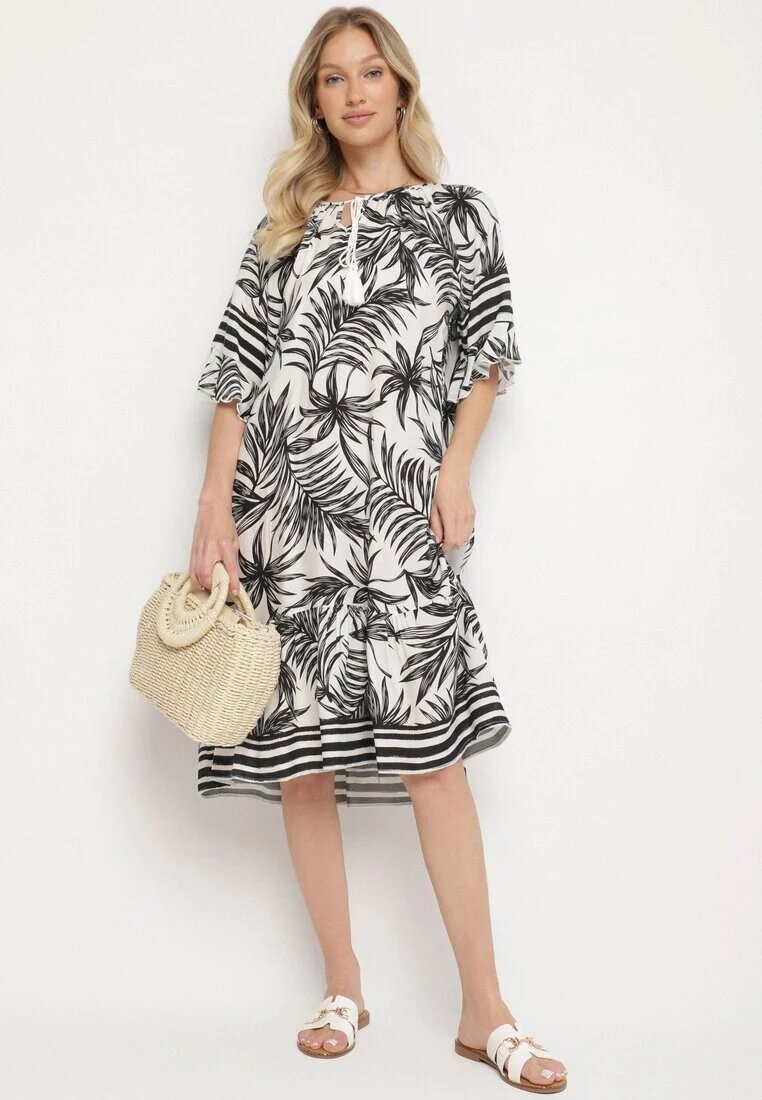 j&x Rochie Albă cu croială tip cutie cu legătură la decolteu cu model floral Mirionela