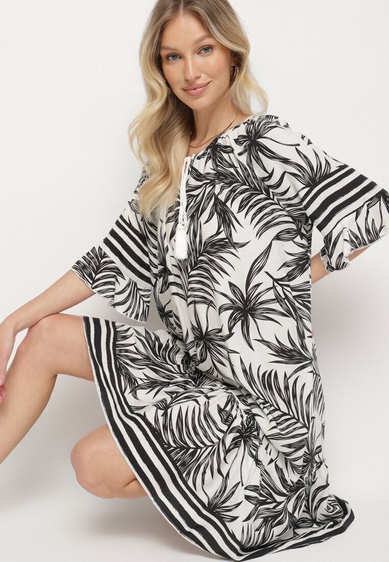 j&x Rochie Albă cu croială tip cutie cu legătură la decolteu cu model floral Mirionela