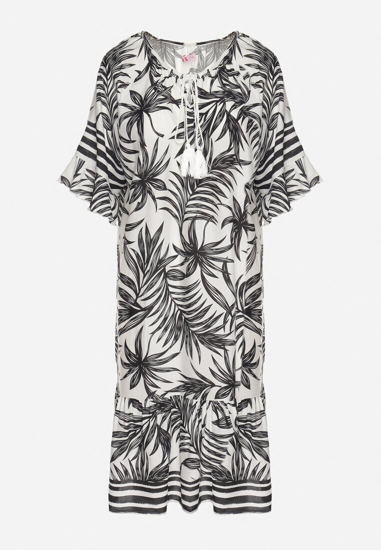 j&x Rochie Albă cu croială tip cutie cu legătură la decolteu cu model floral Mirionela