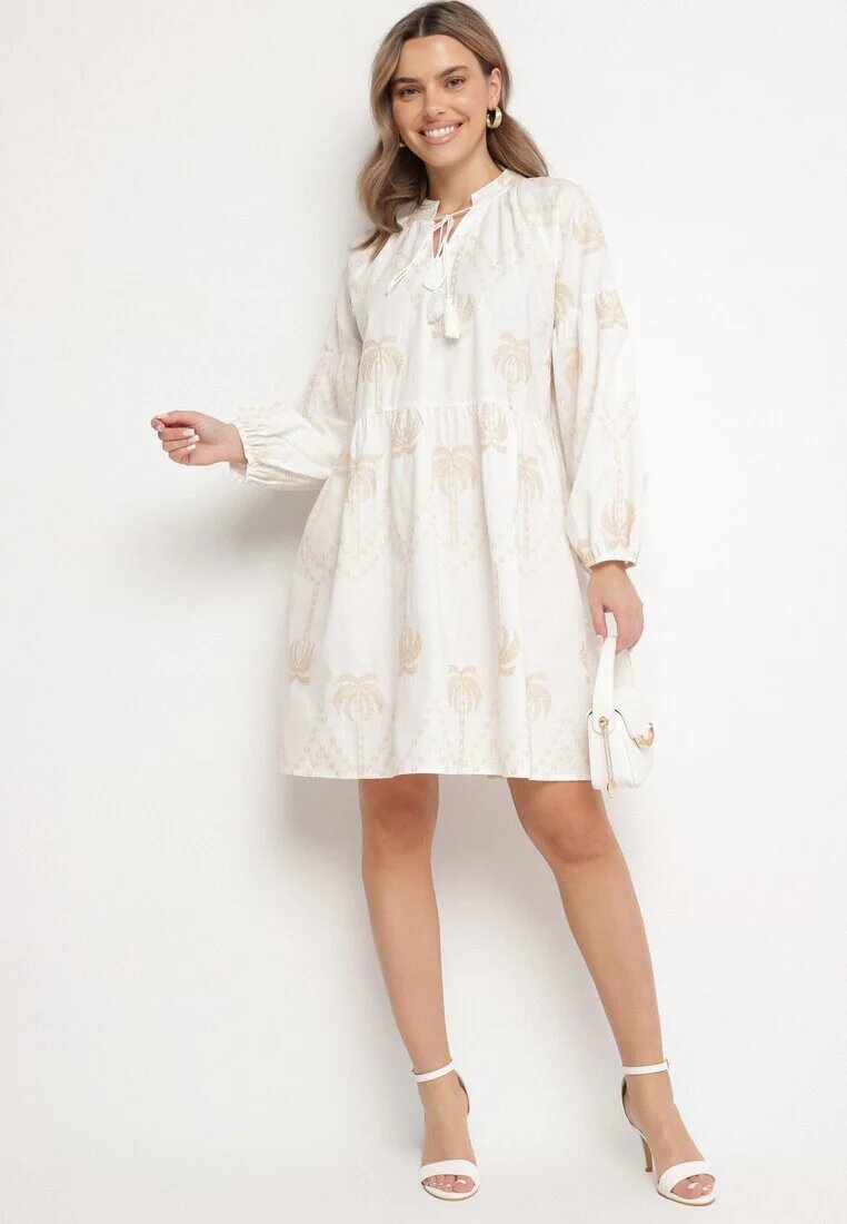 j&x Rochie Albă de bumbac cu palmieri cu legătură Evivirae