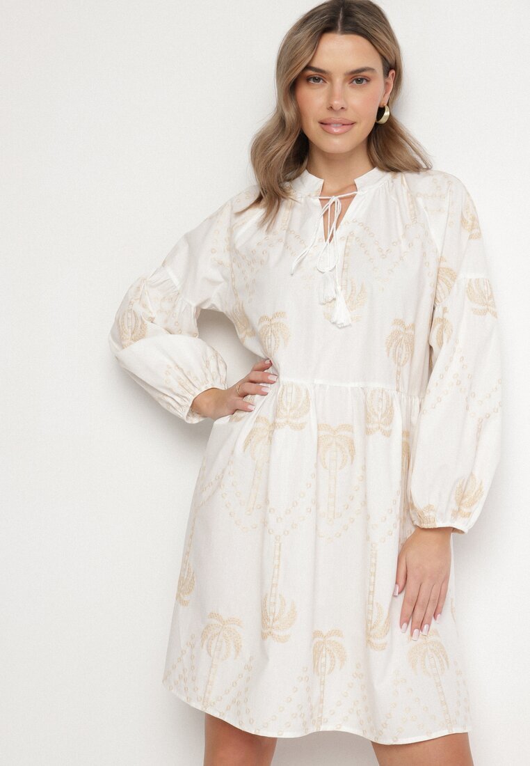 j&x Rochie Albă de bumbac cu palmieri cu legătură Evivirae