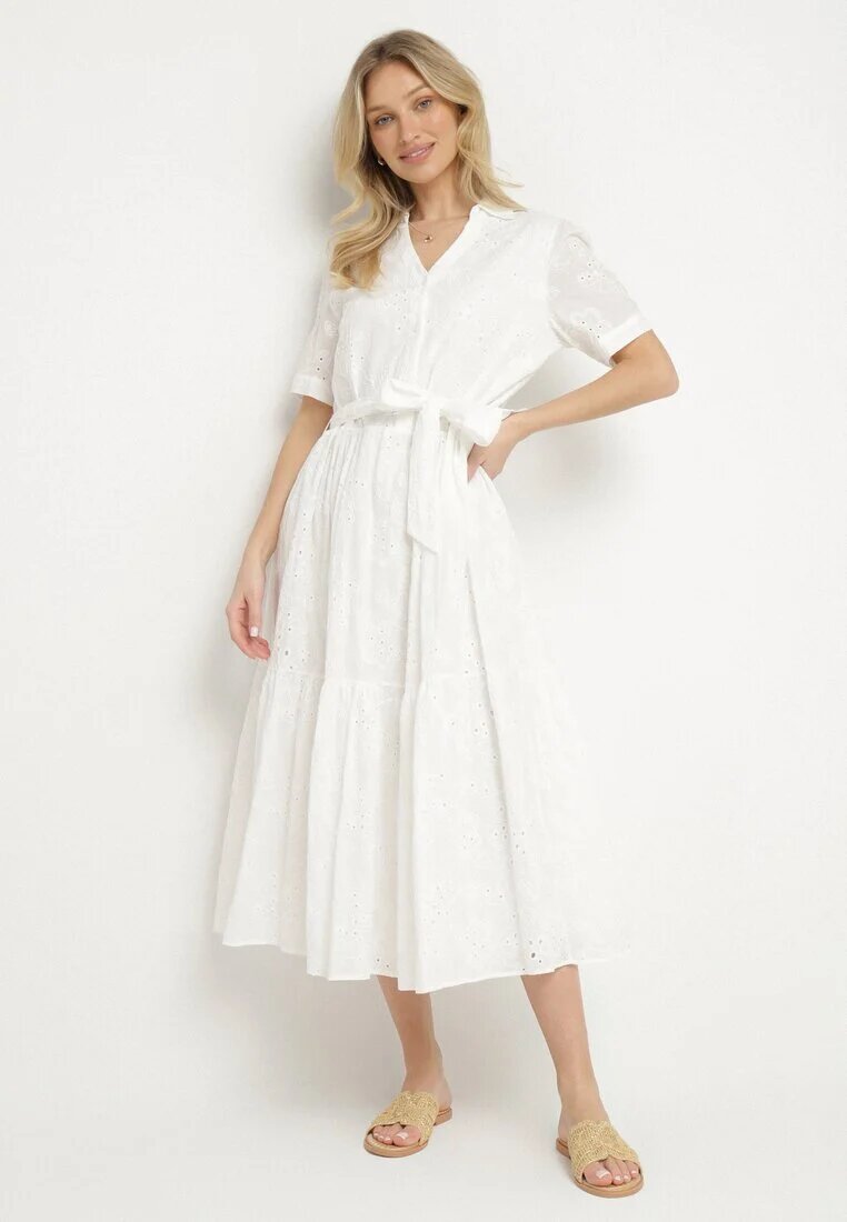 j&x Rochie Albă Din bumbac Ajurată Cu croială tip cămașă Cu curea Divione