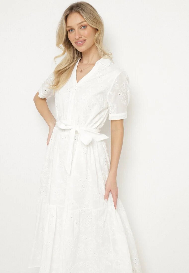 j&x Rochie Albă Din bumbac Ajurată Cu croială tip cămașă Cu curea Divione