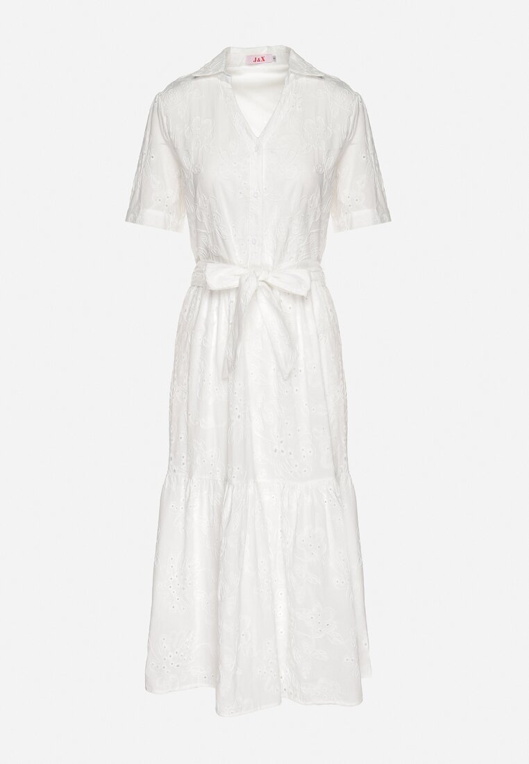 j&x Rochie Albă Din bumbac Ajurată Cu croială tip cămașă Cu curea Divione