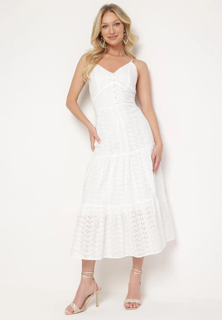 j&x Rochie Albă din bumbac cu bretele subțiri din țesătură brodată cu elastic la spate Nellarae