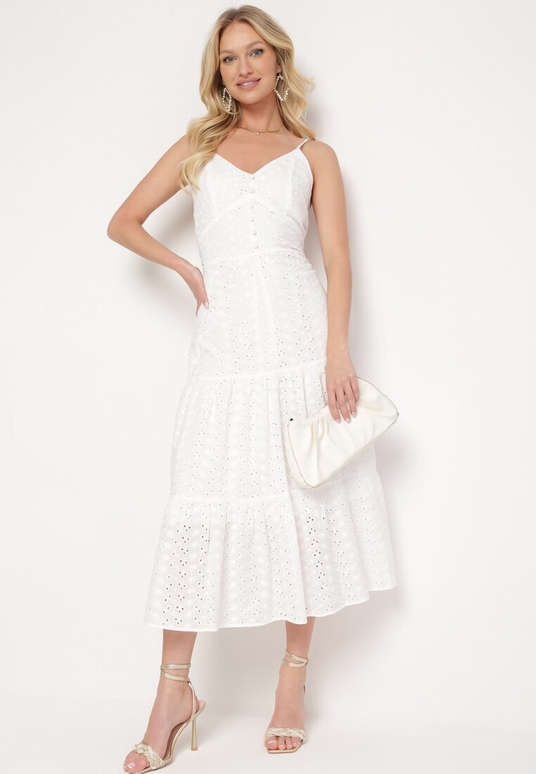 j&x Rochie Albă din bumbac cu bretele subțiri din țesătură brodată cu elastic la spate Nellarae