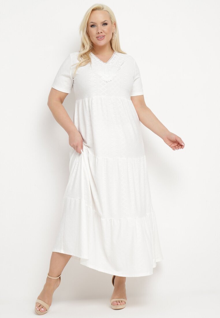 j&x Rochie Albă Evazată cu Mânecă Scurtă și Broderii Decorative Guletta