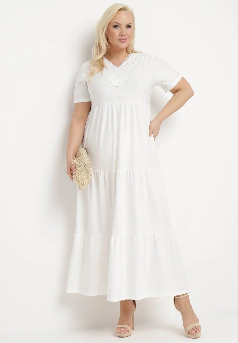 j&x Rochie Albă Evazată cu Mânecă Scurtă și Broderii Decorative Guletta
