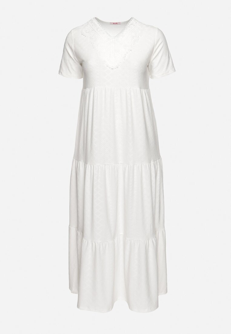 j&x Rochie Albă Evazată cu Mânecă Scurtă și Broderii Decorative Guletta