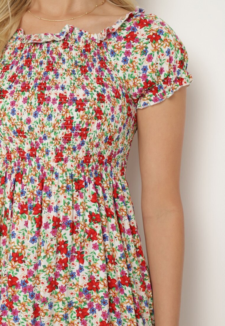 j&x Rochie Albă-Roșie din Viscoză cu flori tip spaniolă cu elastic în talie Revemia