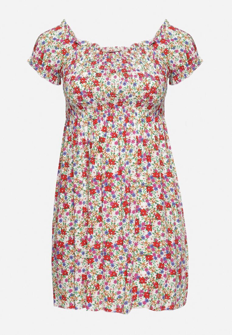j&x Rochie Albă-Roșie din Viscoză cu flori tip spaniolă cu elastic în talie Revemia
