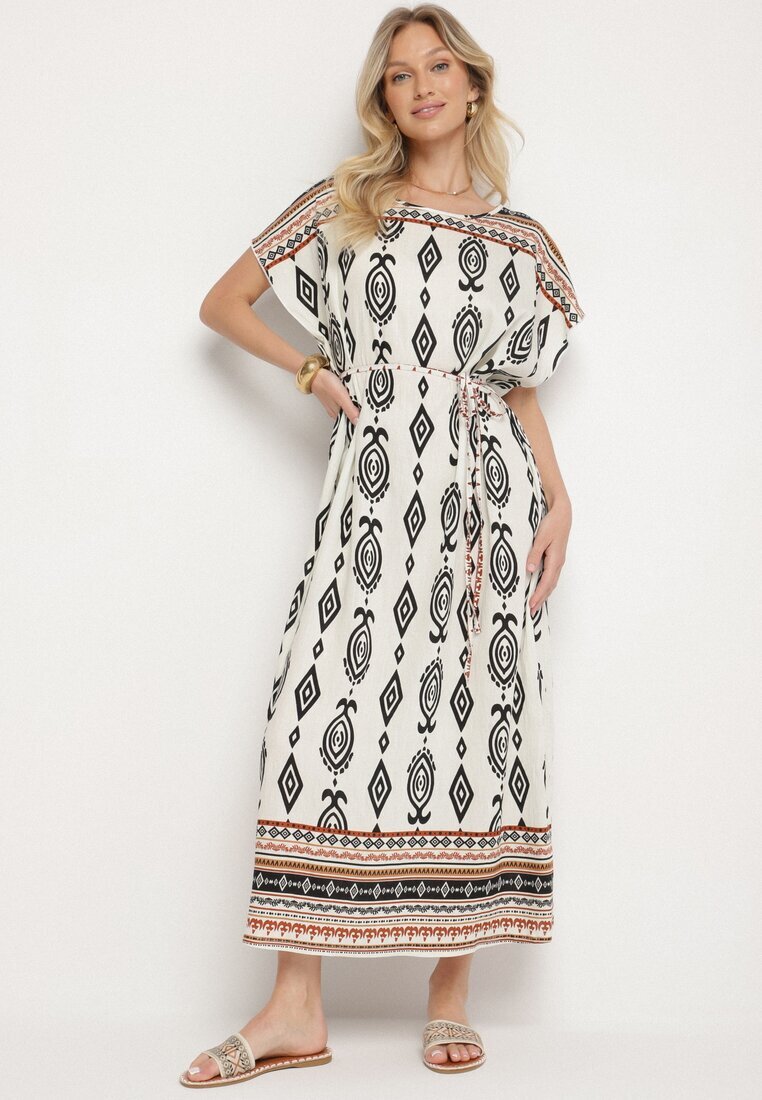 j&x Rochie Albă Tip Cutie din Viscoză cu Model Etnic Mirosela