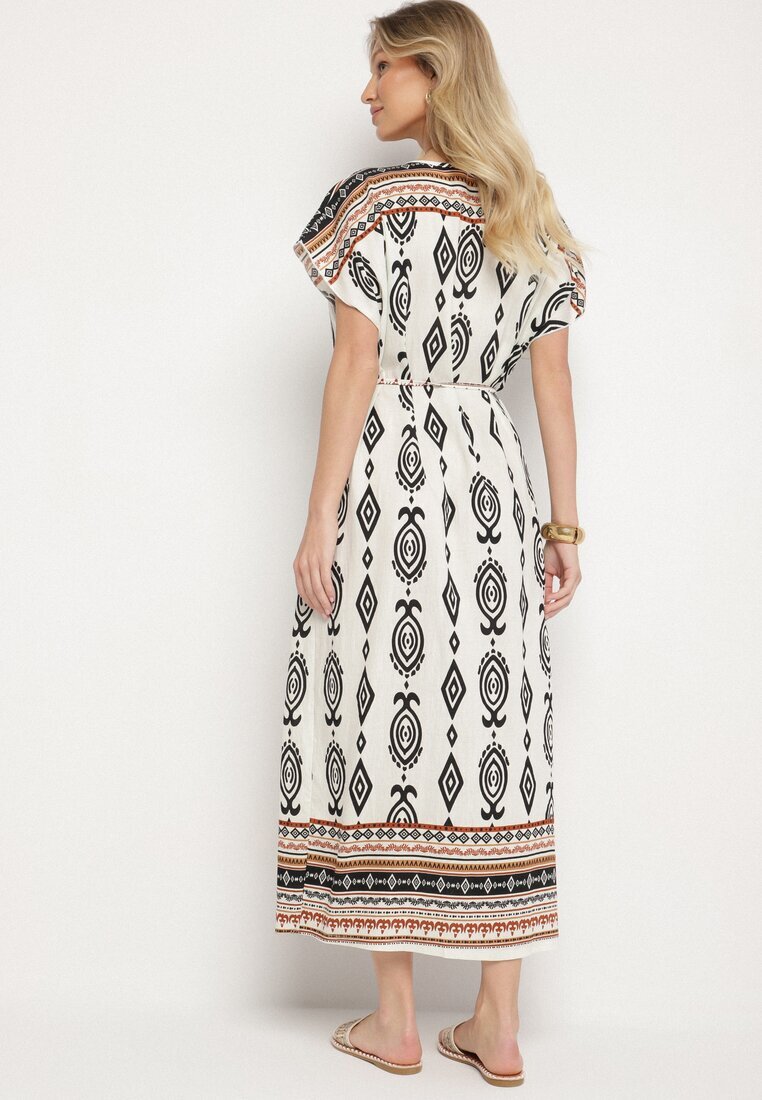 j&x Rochie Albă Tip Cutie din Viscoză cu Model Etnic Mirosela
