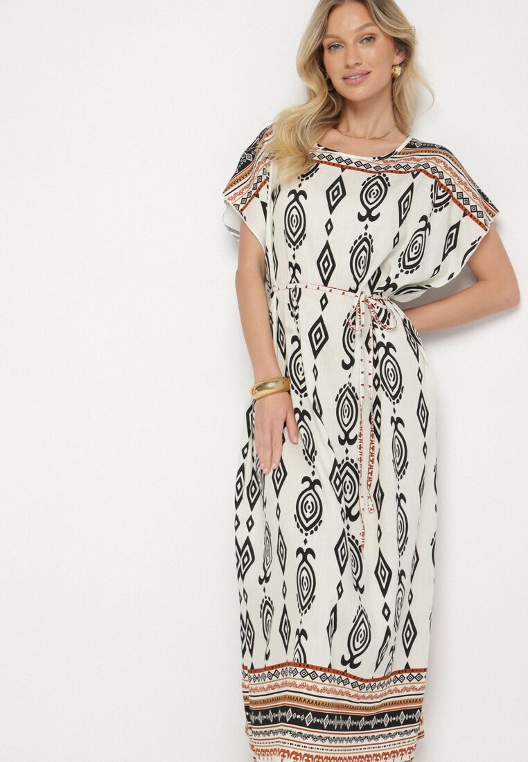 j&x Rochie Albă Tip Cutie din Viscoză cu Model Etnic Mirosela