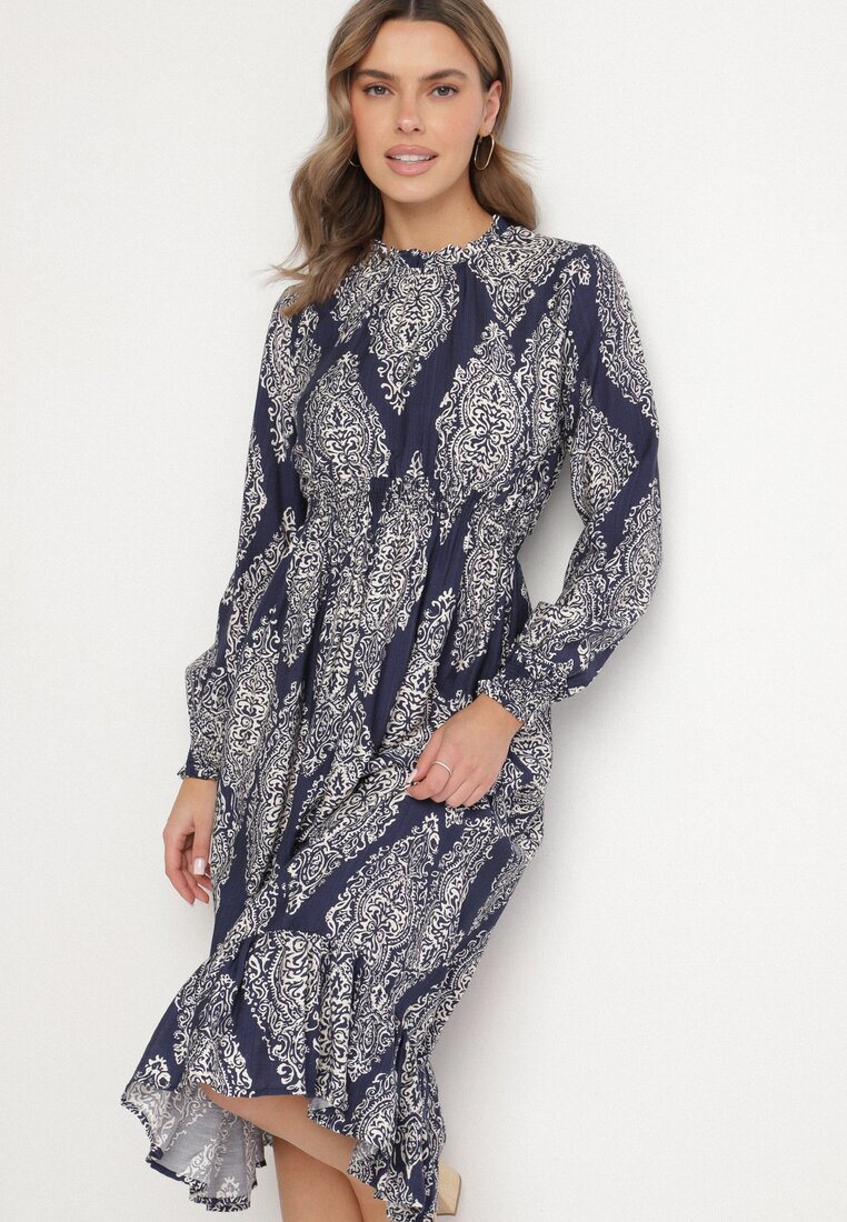 j&x Rochie Albastră cu Croială Cloș cu Elastic în Talie cu Model Etnic