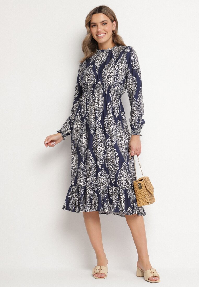j&x Rochie Albastră cu Croială Cloș cu Elastic în Talie cu Model Etnic