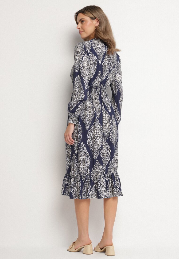j&x Rochie Albastră cu Croială Cloș cu Elastic în Talie cu Model Etnic