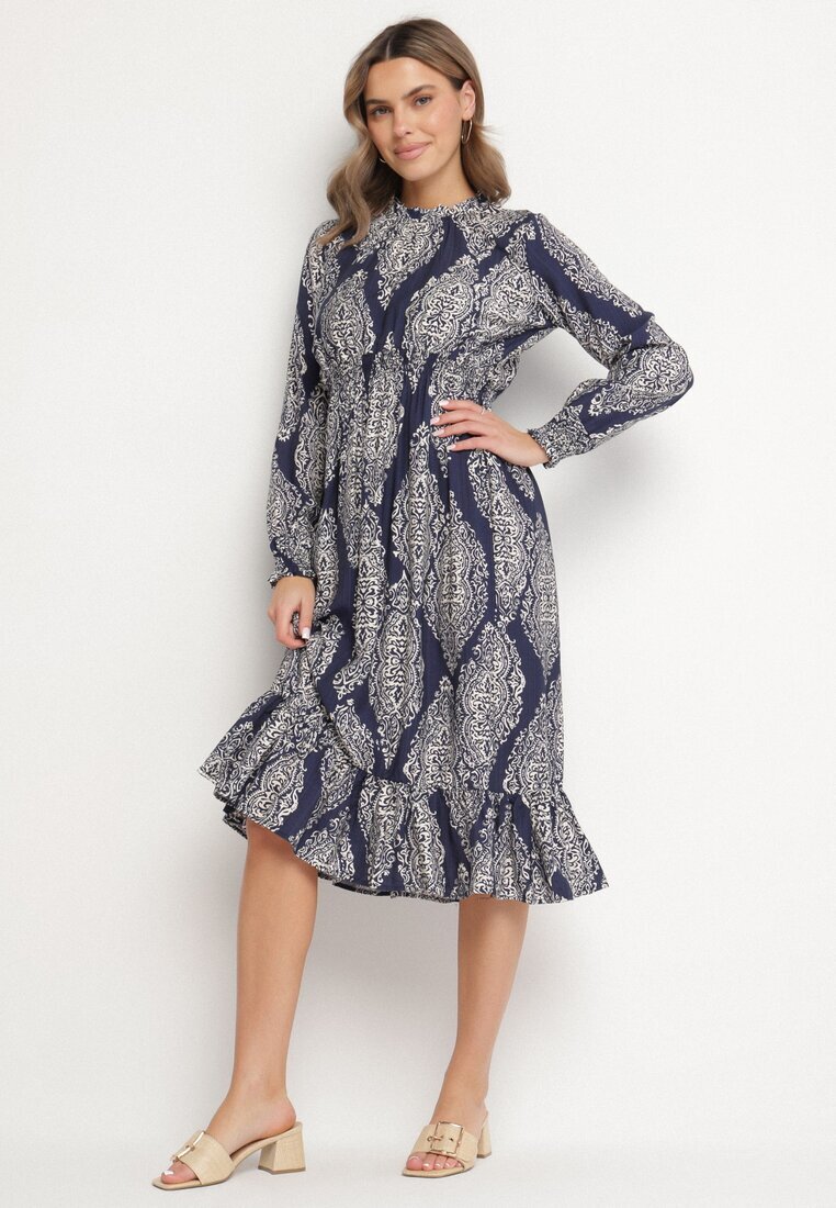 j&x Rochie Albastră cu Croială Cloș cu Elastic în Talie cu Model Etnic