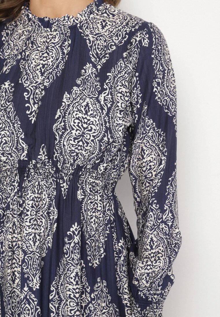 j&x Rochie Albastră cu Croială Cloș cu Elastic în Talie cu Model Etnic