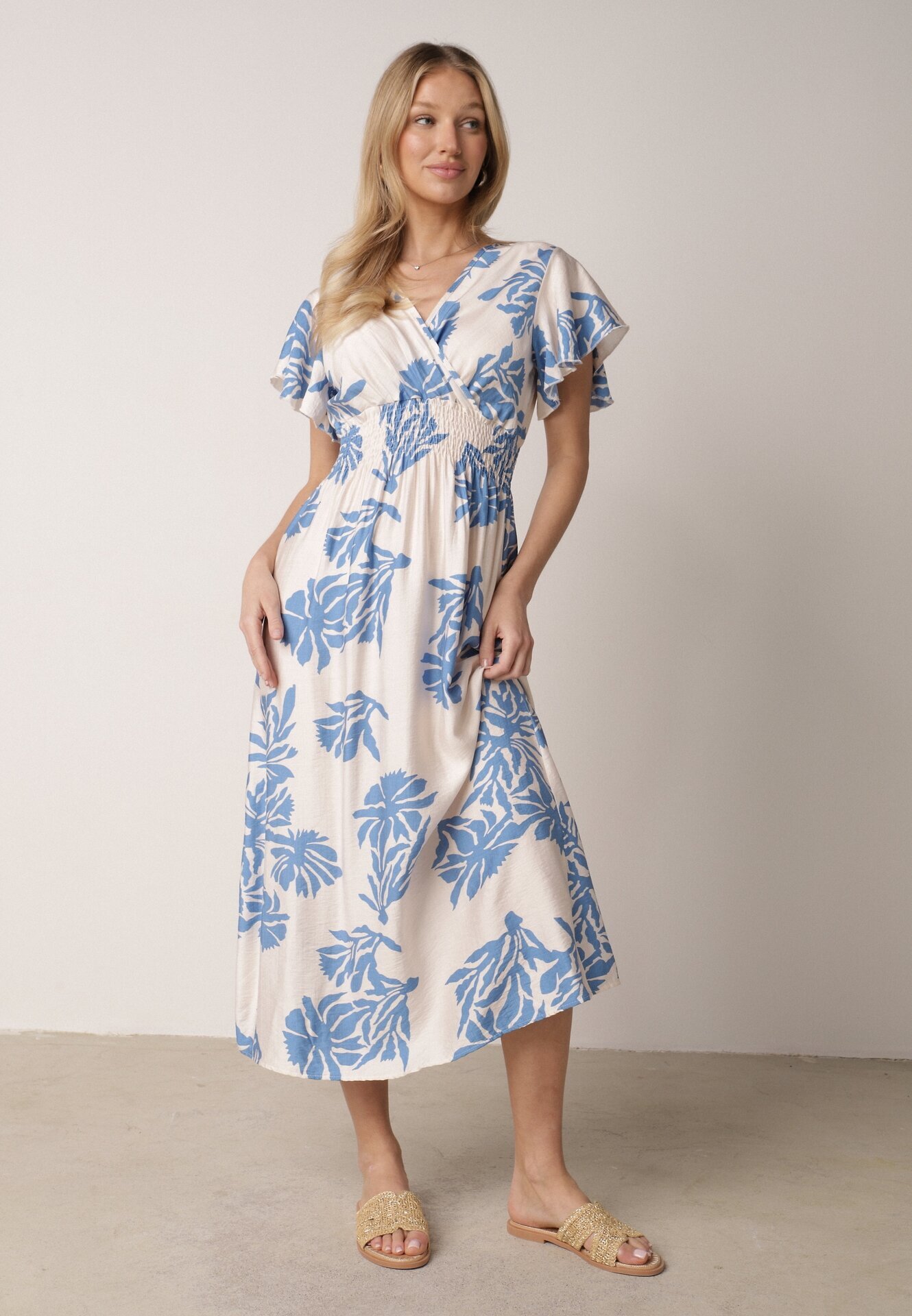 j&x Rochie albastră din viscoză cu croială evazată și decolteu petrecut Morgassa