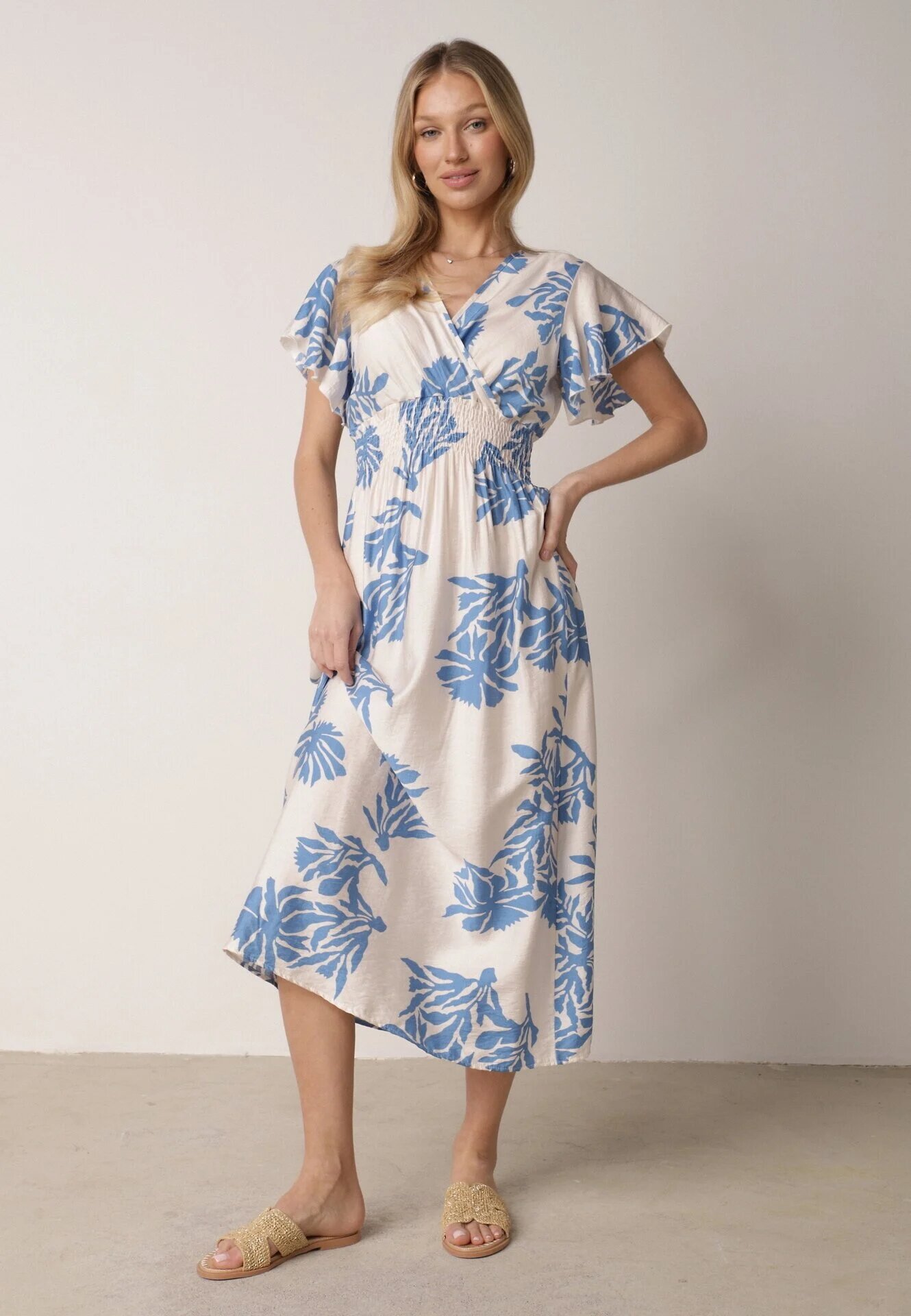 j&x Rochie albastră din viscoză cu croială evazată și decolteu petrecut Morgassa