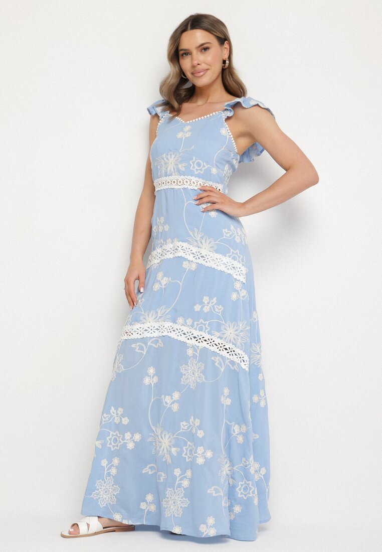 j&x Rochie Albastră Din Viscoză Decorată Cu Broderii și Volane Lumionea