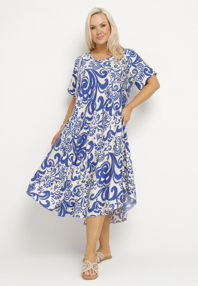 j&x Rochie Albastră Evazată din Viscoză cu Model Geometric Emisova