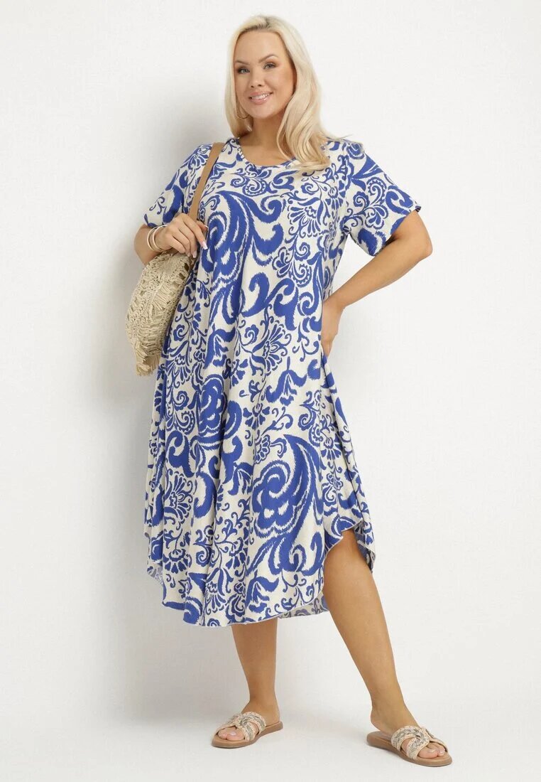 j&x Rochie Albastră Evazată din Viscoză cu Model Geometric Emisova