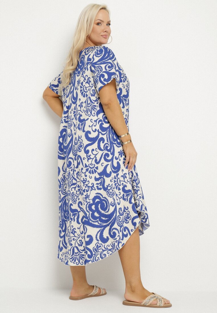 j&x Rochie Albastră Evazată din Viscoză cu Model Geometric Emisova