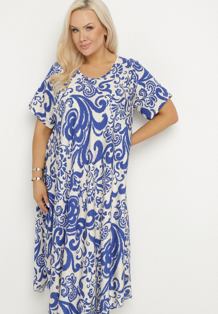 j&x Rochie Albastră Evazată din Viscoză cu Model Geometric Emisova
