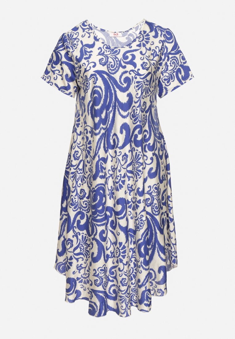 j&x Rochie Albastră Evazată din Viscoză cu Model Geometric Emisova