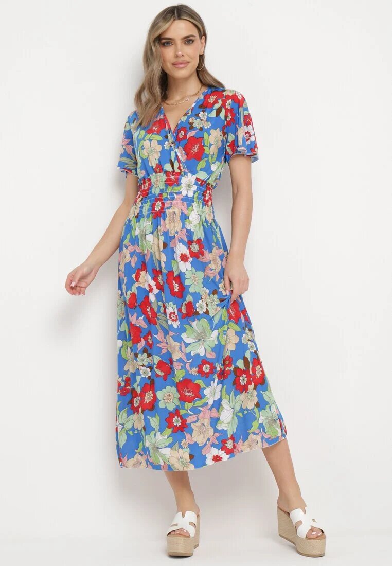 j&x Rochie Albastră Florală cu decolteu petrecut și talie elastică Lomanda