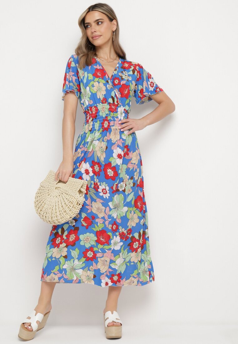 j&x Rochie Albastră Florală cu decolteu petrecut și talie elastică Lomanda