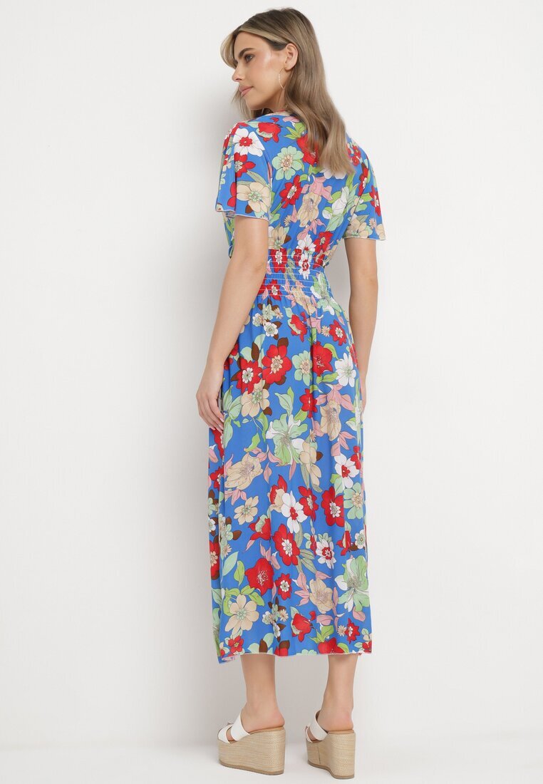 j&x Rochie Albastră Florală cu decolteu petrecut și talie elastică Lomanda