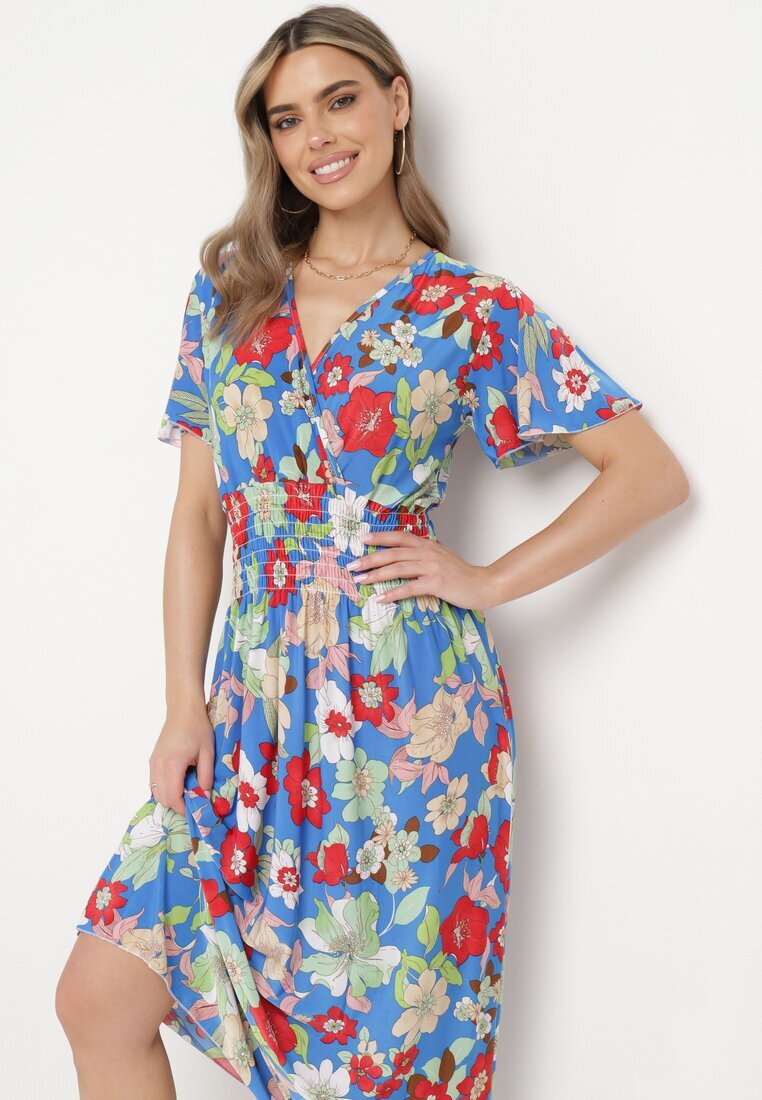 j&x Rochie Albastră Florală cu decolteu petrecut și talie elastică Lomanda