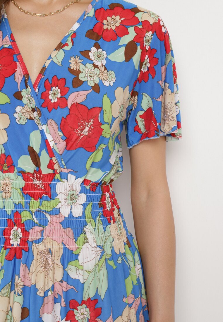 j&x Rochie Albastră Florală cu decolteu petrecut și talie elastică Lomanda