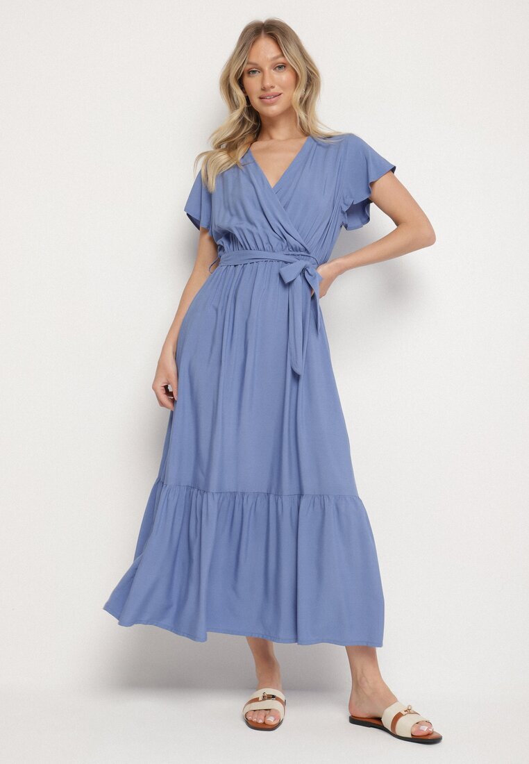 j&x Rochie Albastră Vâscoză cu Decolteu Petrecut cu Cordon Savorlisse