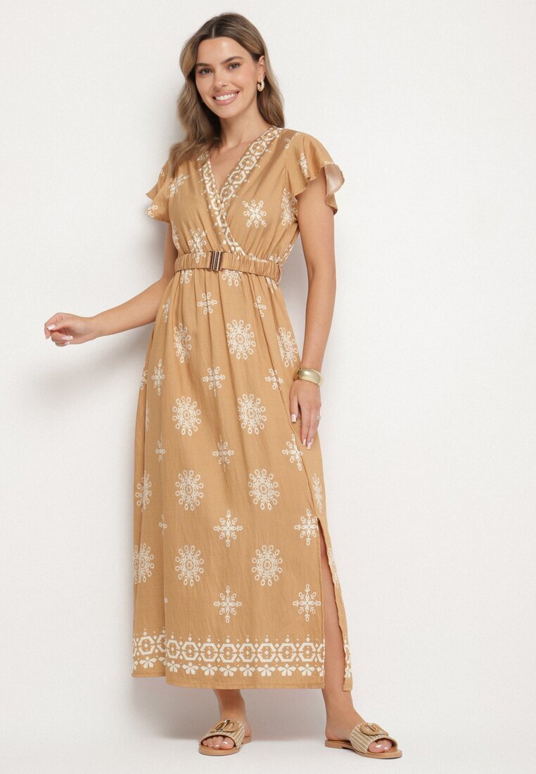 j&x Rochie bej cu model ornamental și curea elastică Tosvanna