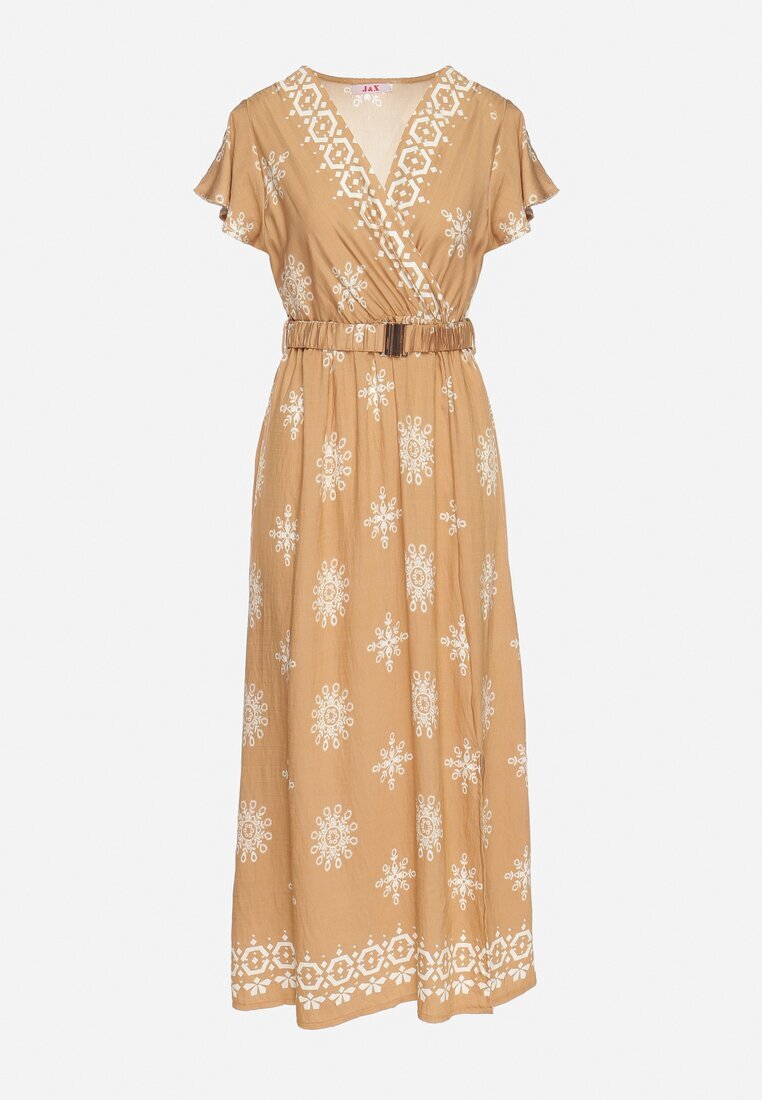 j&x Rochie bej cu model ornamental și curea elastică Tosvanna